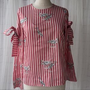 Zara Womens Red Vertical Striped Heron Bird Print Bow with Long Sleeve Blouse XS